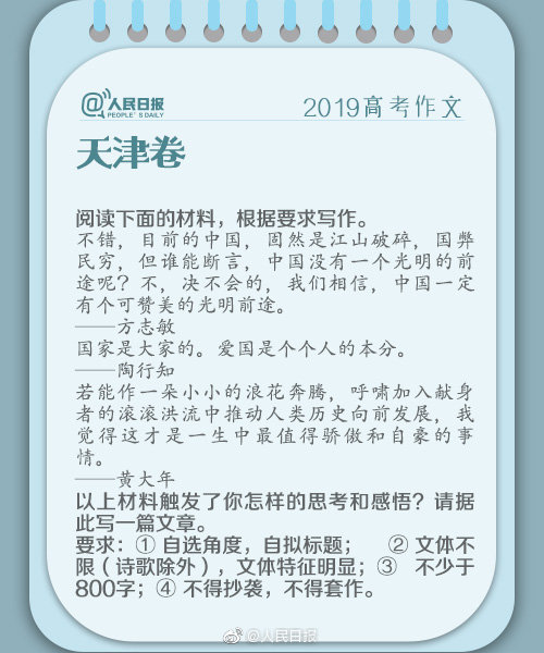 2019年天津卷高考作文题目：国家前途