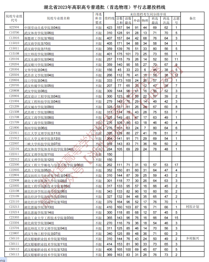 2023年湖北专科投档分数线（物理）